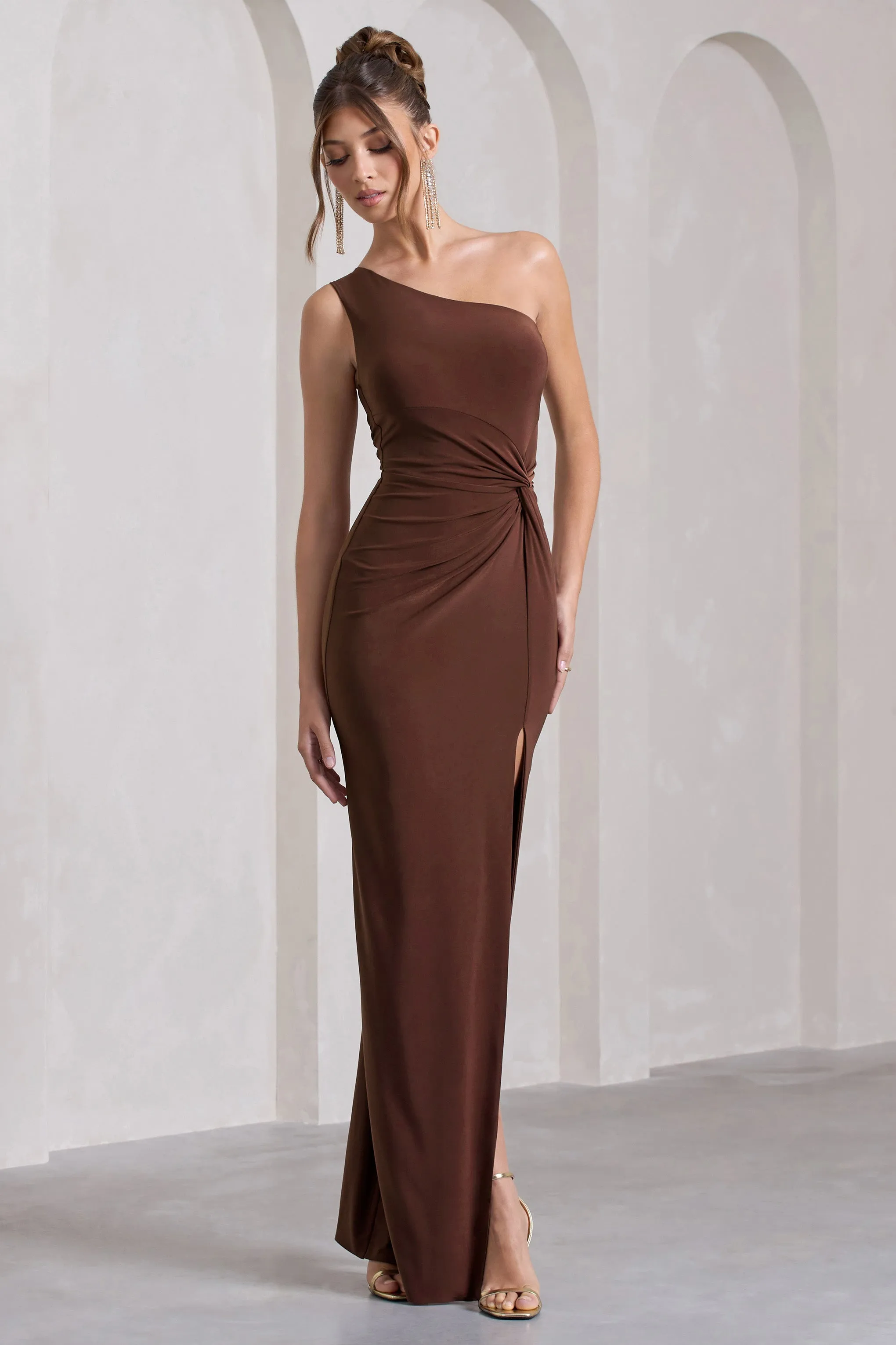 Coralina | Chocolate Brown One Shoulder Open-Back Split Maxi Dress sold by Club L London product image thumbnail 5
