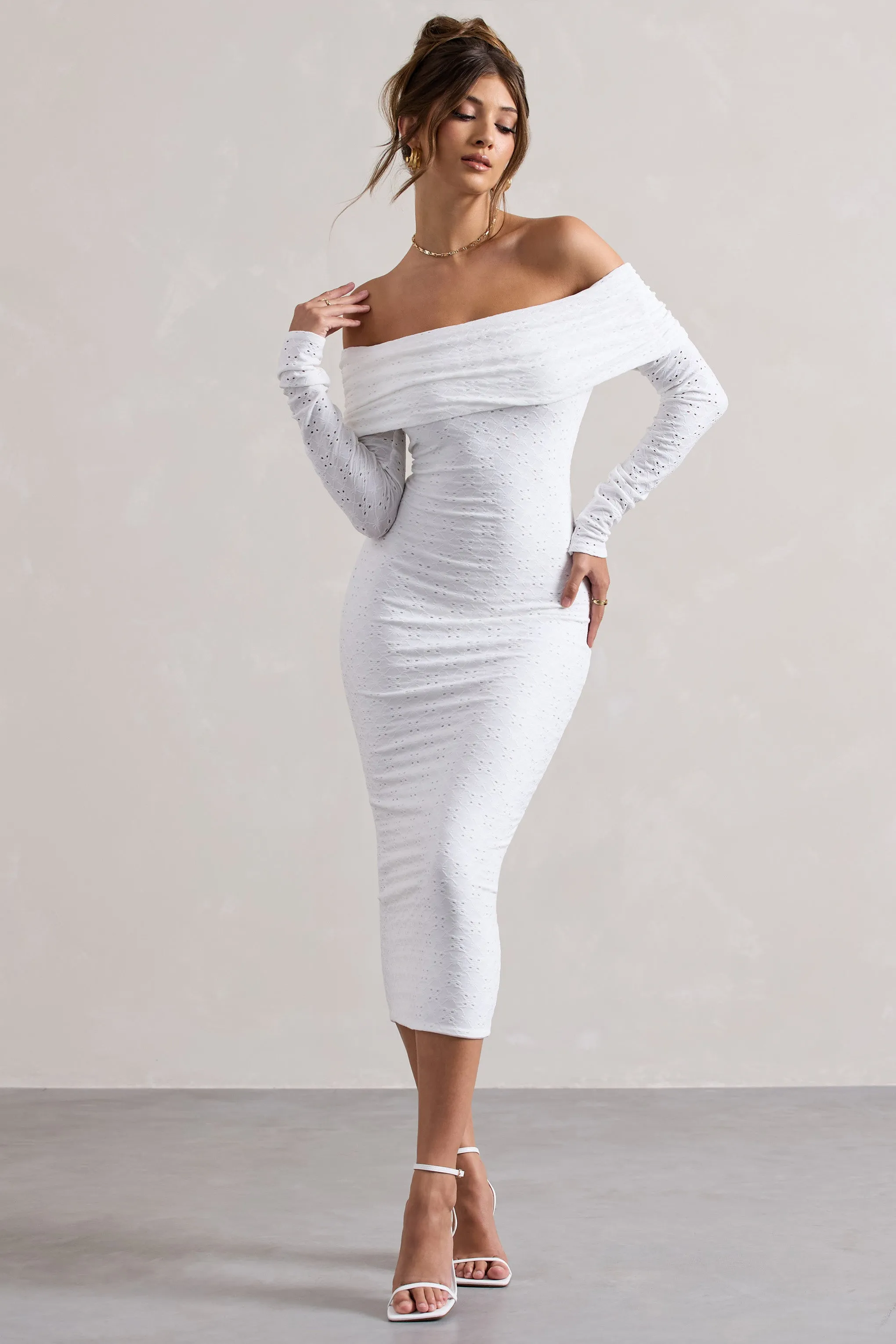Emmeline | White Jacquard Bardot Midi Dress sold by Club L London product image thumbnail 4