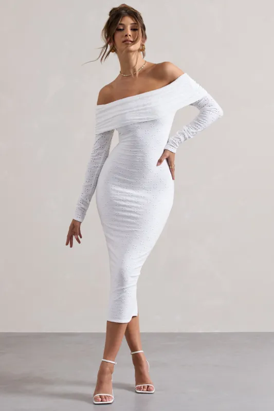 Emmeline | White Jacquard Bardot Midi Dress sold by Club L London
