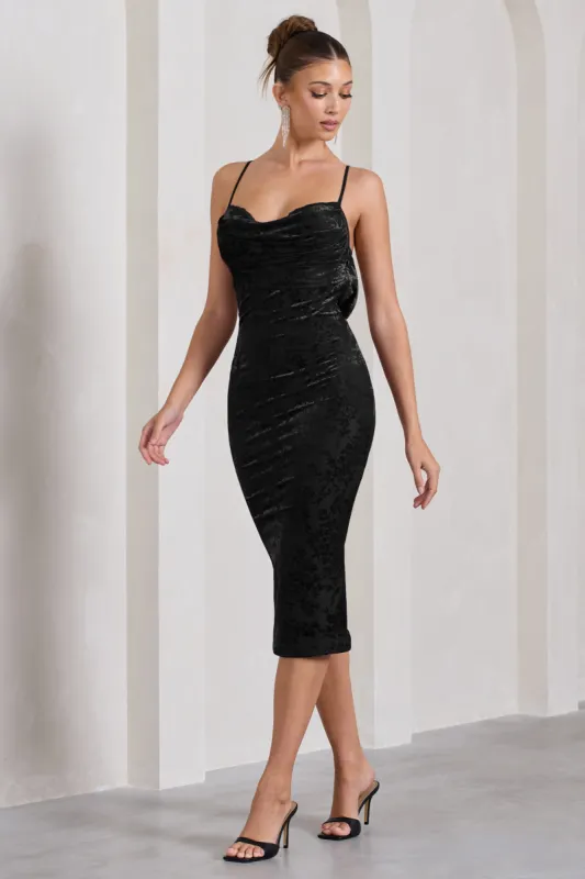 Whitney | Black Velvet Floral Strappy Sweetheart Midi Dress made by Club L London