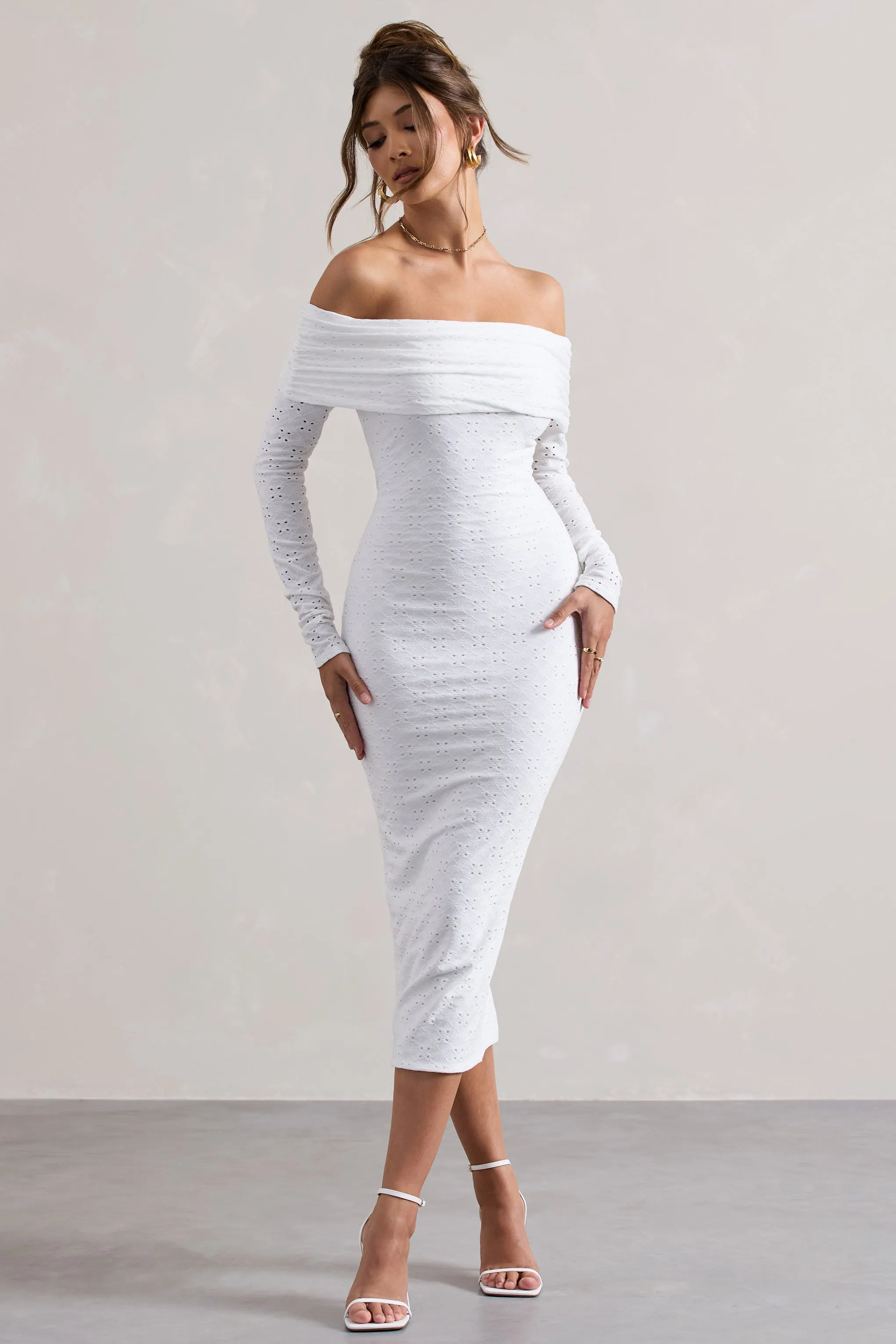 Emmeline | White Jacquard Bardot Midi Dress sold by Club L London product image thumbnail 5