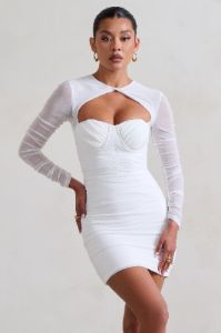 Daiquiri | White Ruched Cut Out Mesh Mini Dress With Long Sleeves sold by Club L London