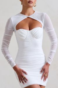 Daiquiri | White Ruched Cut Out Mesh Mini Dress With Long Sleeves sold by Club L London