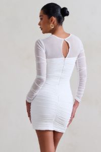 Daiquiri | White Ruched Cut Out Mesh Mini Dress With Long Sleeves sold by Club L London