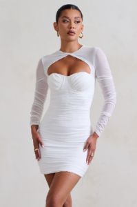 Daiquiri | White Ruched Cut Out Mesh Mini Dress With Long Sleeves sold by Club L London