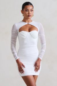 Daiquiri | White Ruched Cut Out Mesh Mini Dress With Long Sleeves sold by Club L London