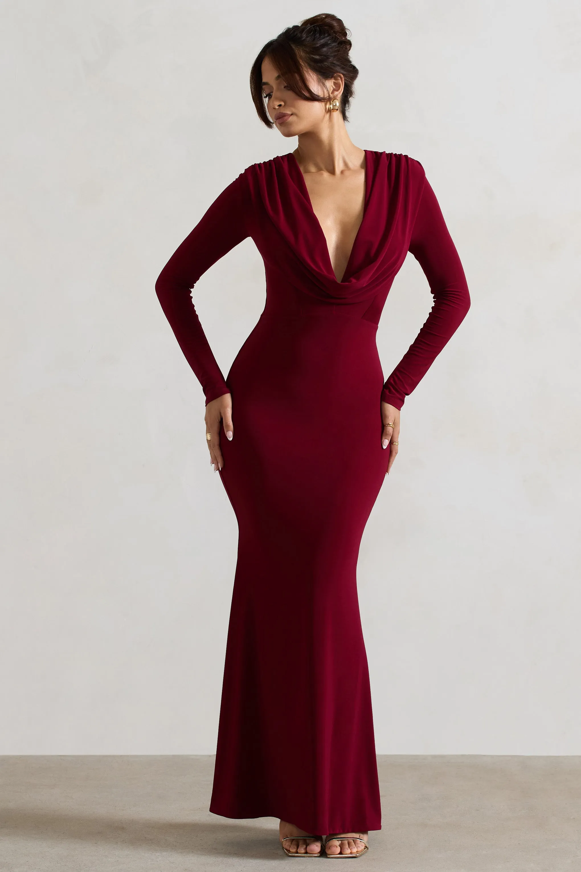 Heavy Heart | Berry Cowl-Neck Long-Sleeve Maxi Dress sold by Club L London product image thumbnail 5