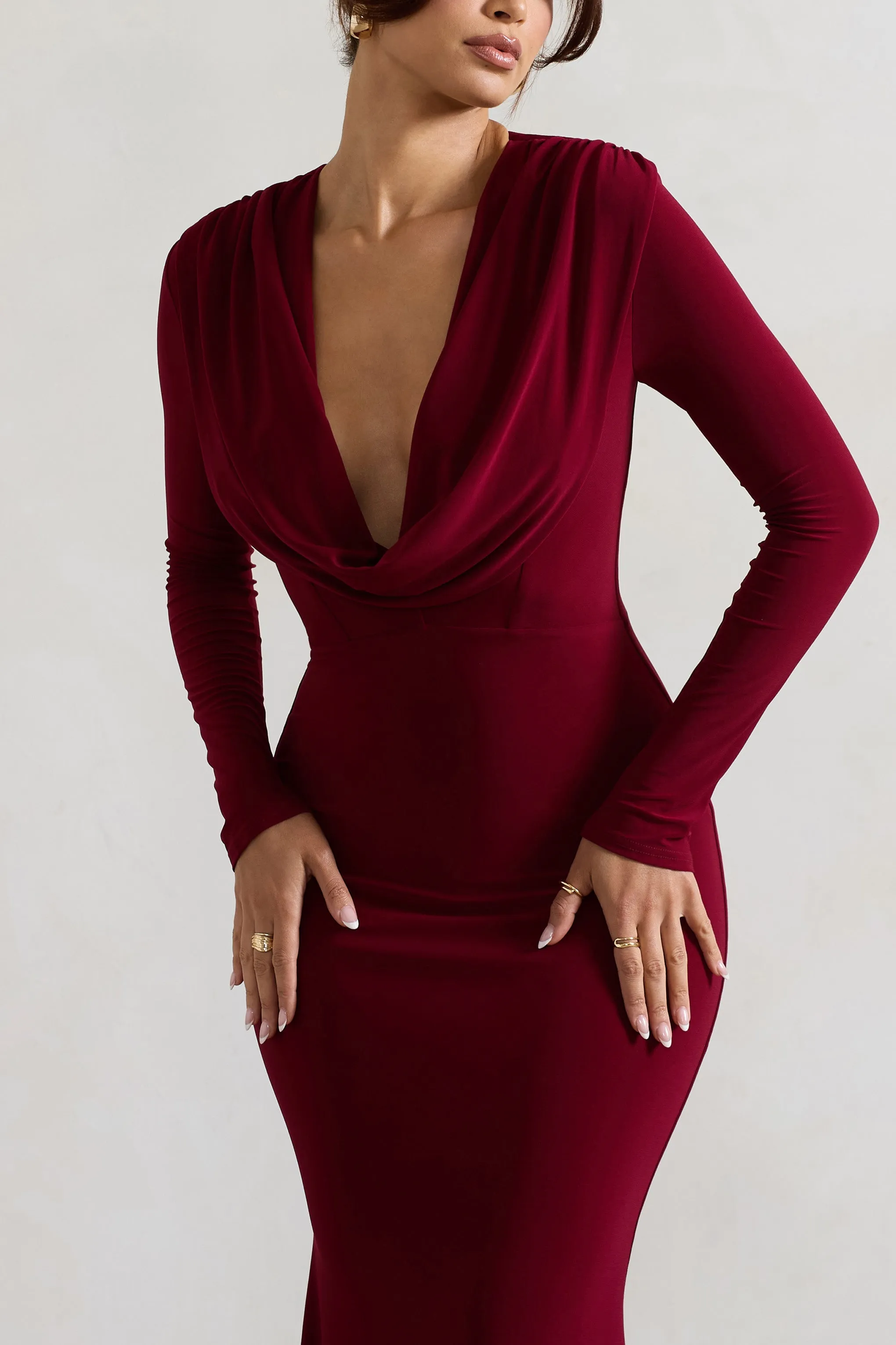Heavy Heart | Berry Cowl-Neck Long-Sleeve Maxi Dress sold by Club L London product image thumbnail 3