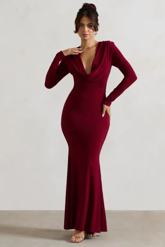 Heavy Heart | Berry Cowl-Neck Long-Sleeve Maxi Dress sold by Club L London