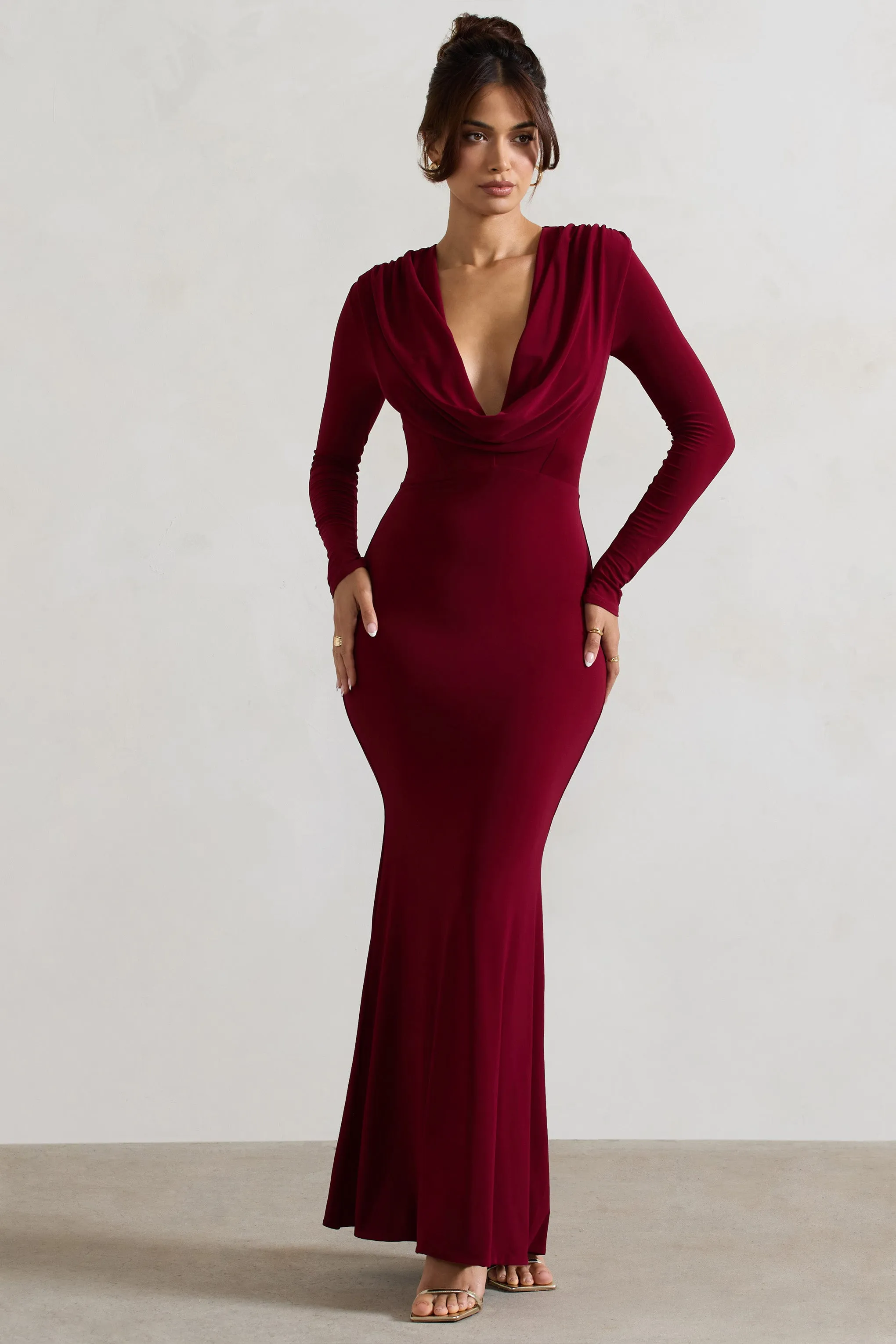 Heavy Heart | Berry Cowl-Neck Long-Sleeve Maxi Dress sold by Club L London product image thumbnail 4