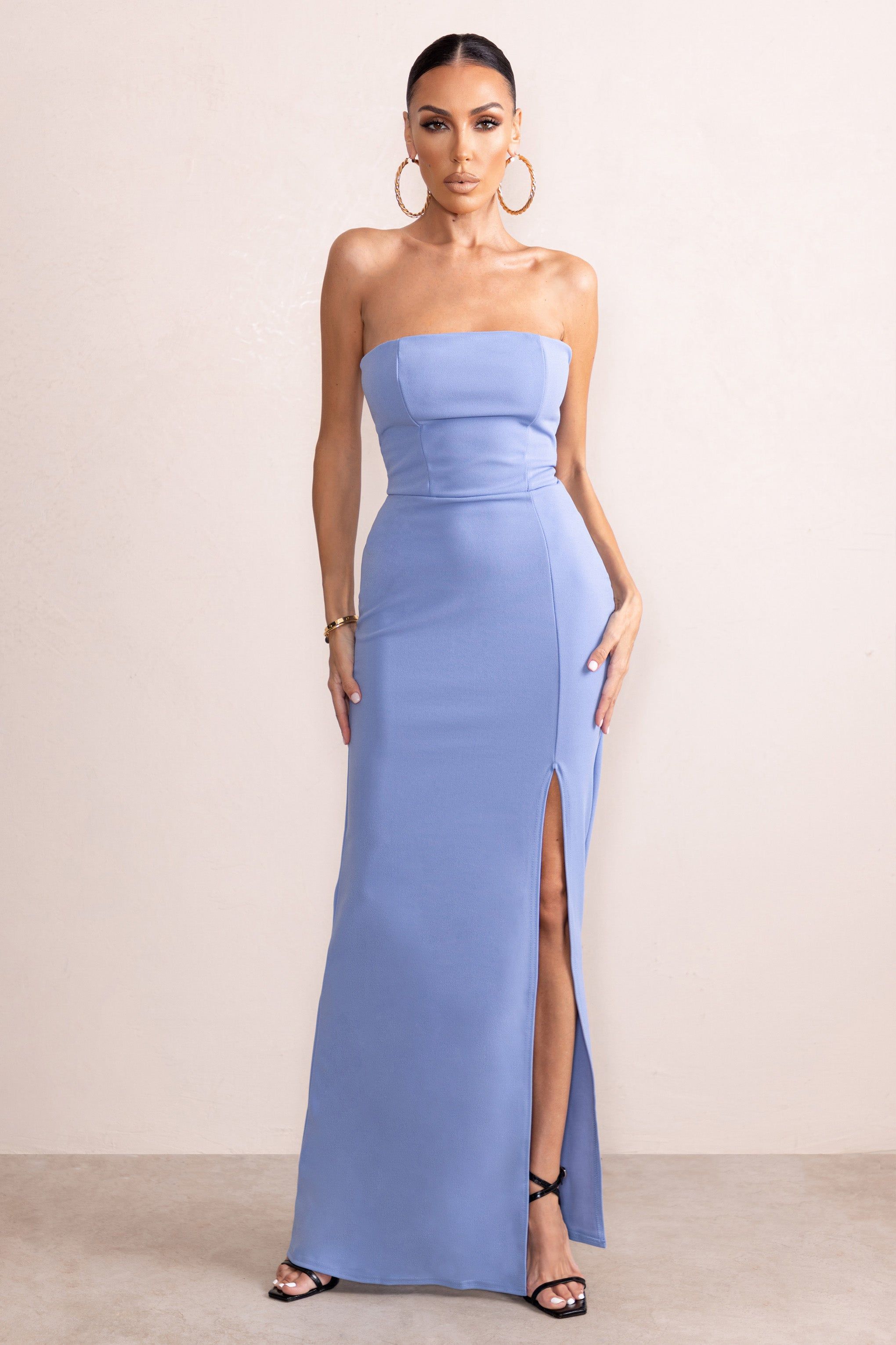 Belle of The Ball | Powder Blue Bandeau Maxi Dress With Split Hem sold by Club L London product image thumbnail 5