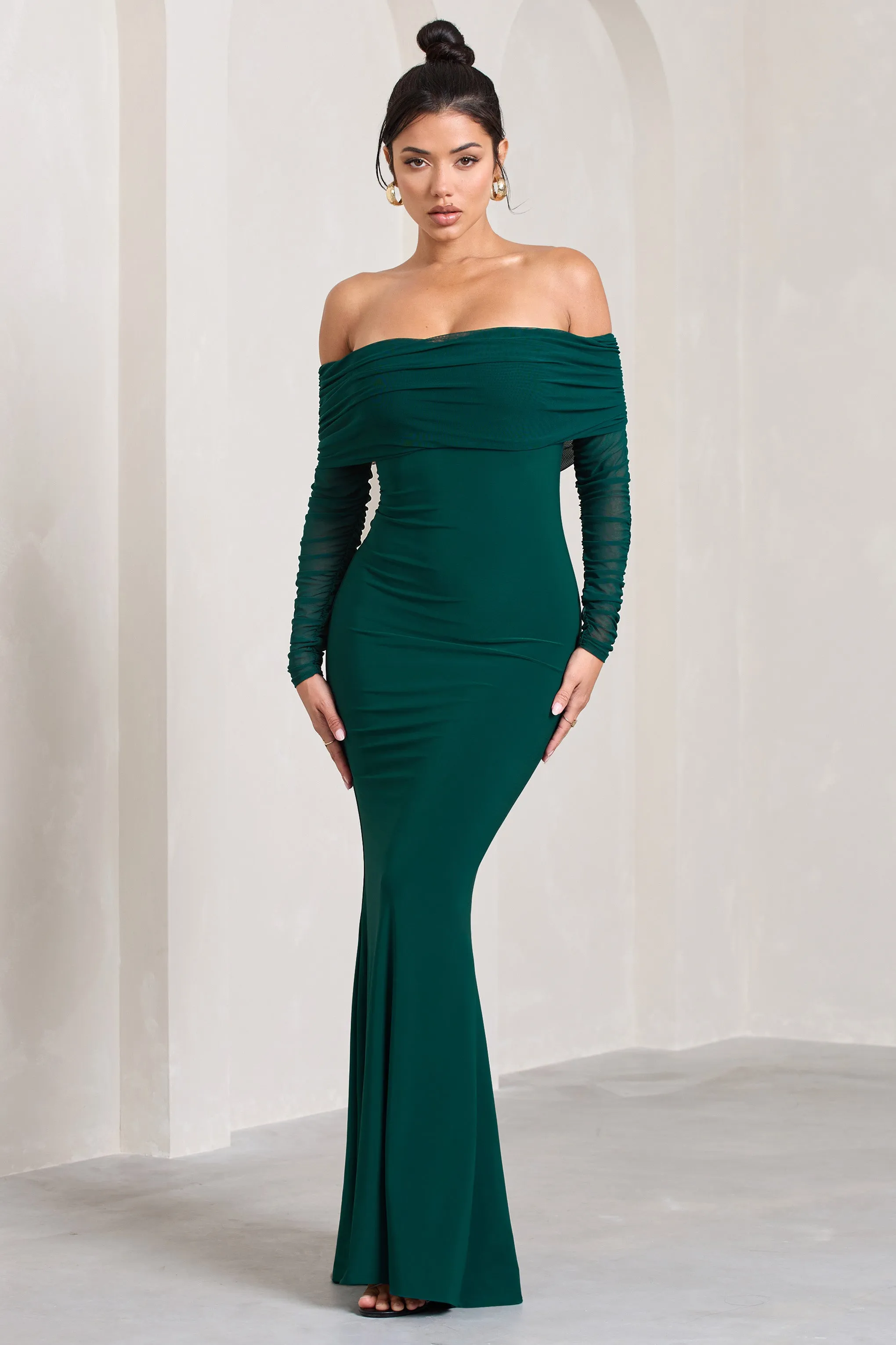 Madeleine | Bottle Green Fishtail Maxi Dress With Bardot Mesh Long Sleeves sold by Club L London product image thumbnail 4