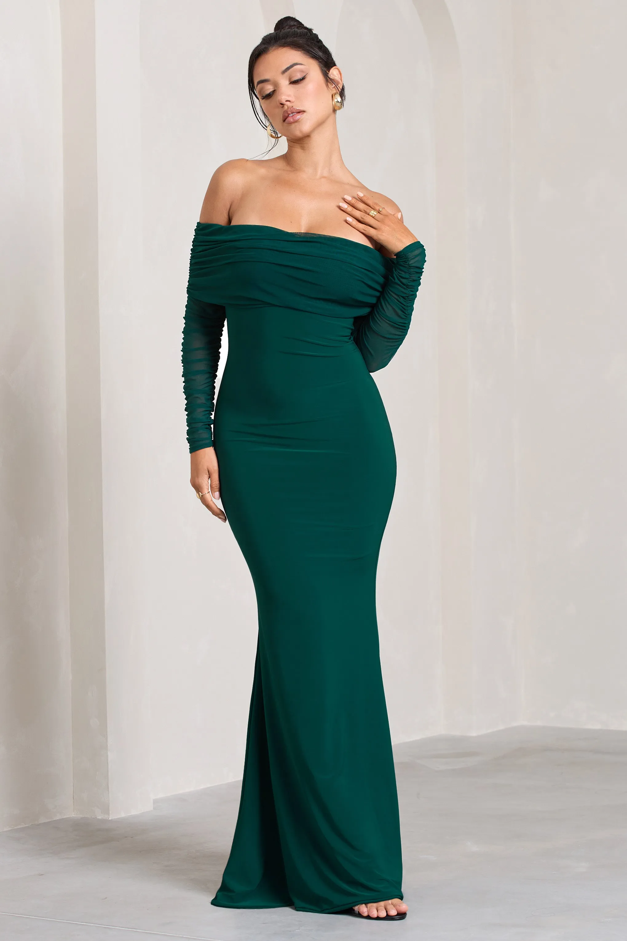 Madeleine | Bottle Green Fishtail Maxi Dress With Bardot Mesh Long Sleeves sold by Club L London product image thumbnail 5