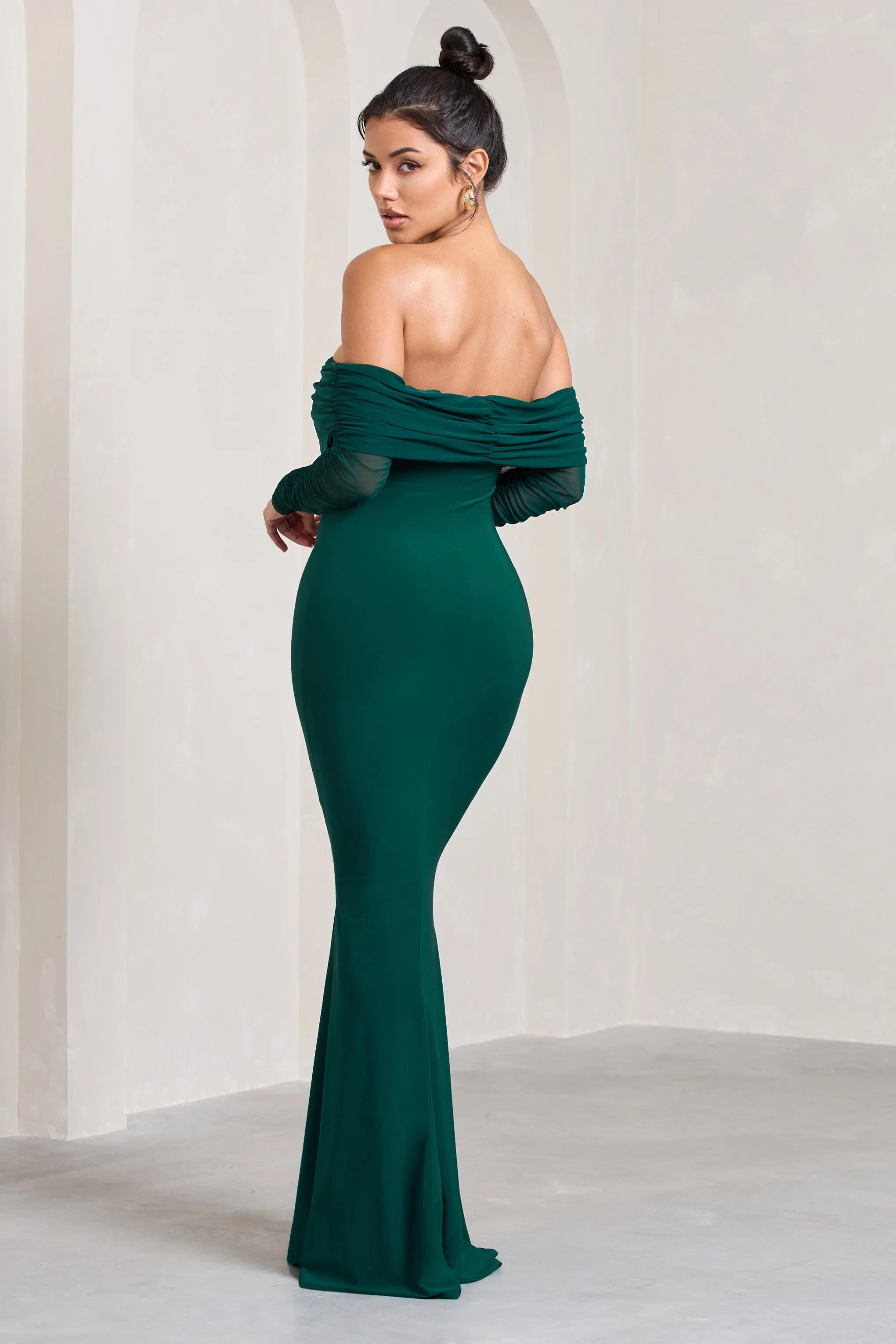 Madeleine | Bottle Green Fishtail Maxi Dress With Bardot Mesh Long Sleeves sold by Club L London product image thumbnail 2