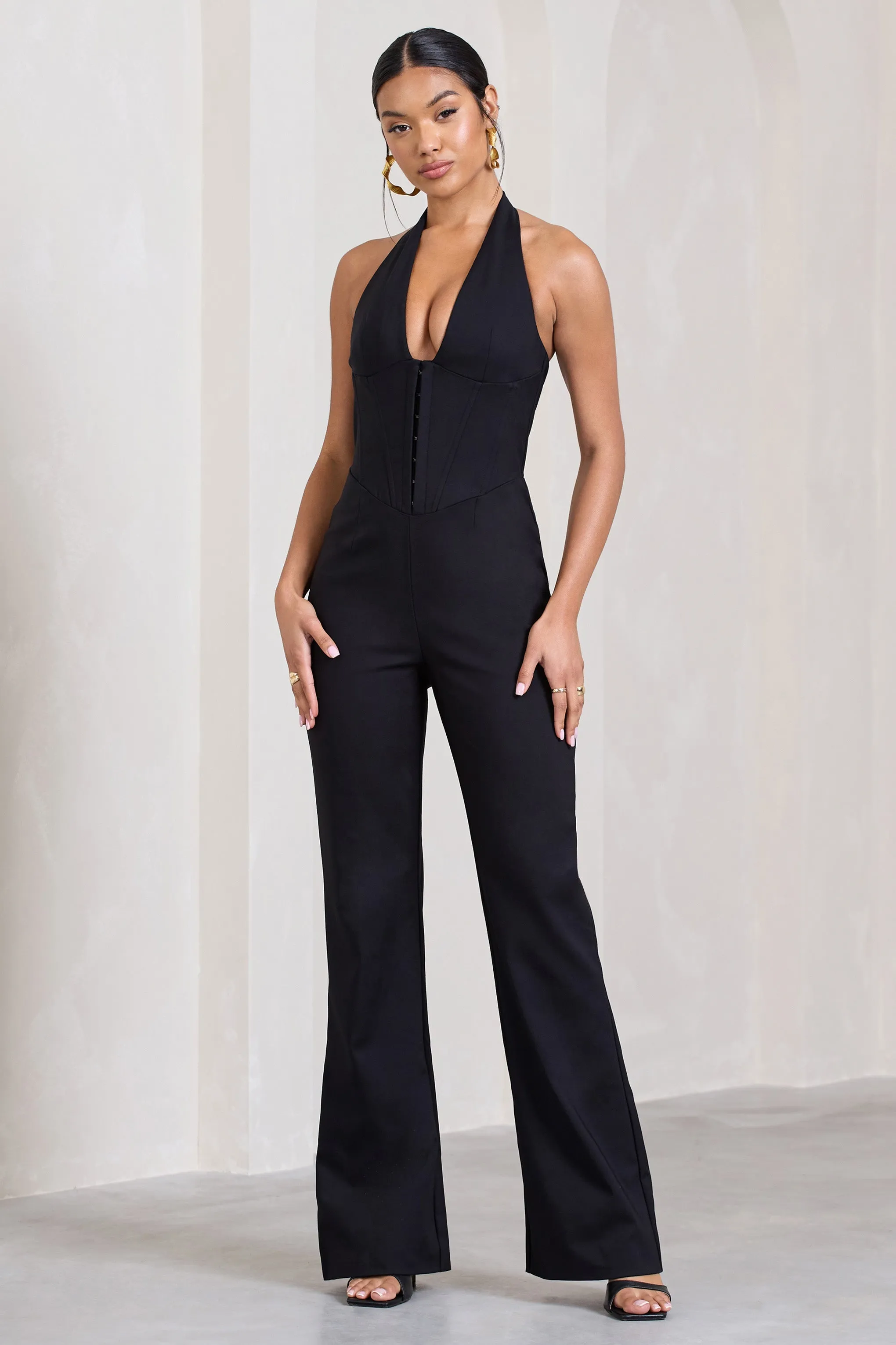 Margherita | Black Halter-Neck Corset Wide-Leg Jumpsuit sold by Club L London product image thumbnail 4