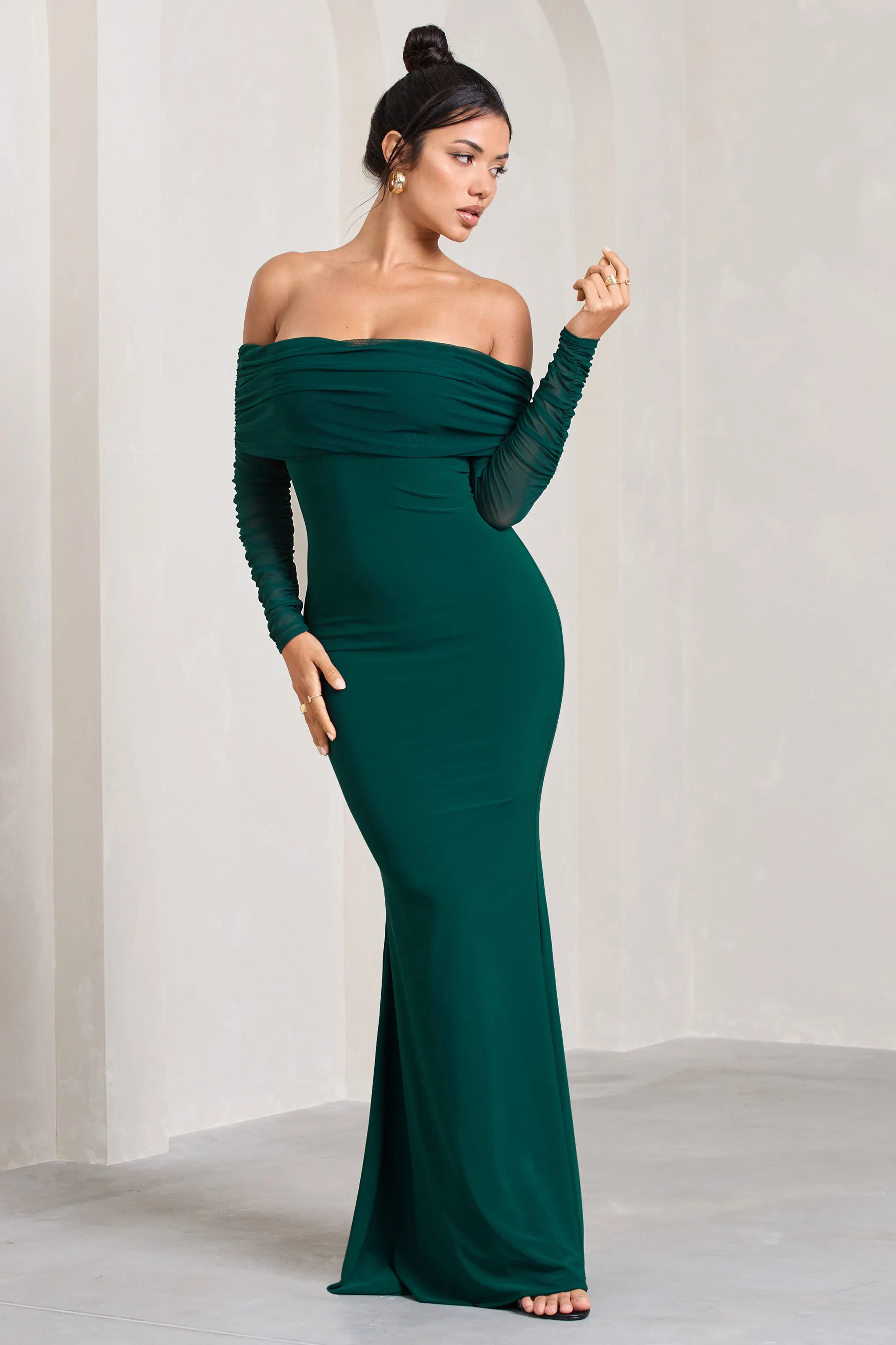 Madeleine | Bottle Green Fishtail Maxi Dress With Bardot Mesh Long Sleeves sold by Club L London