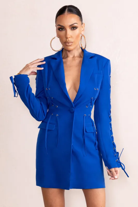 Material Girl | Electric Blue Tie Up Details Blazer Mini Dress sold by Club L London