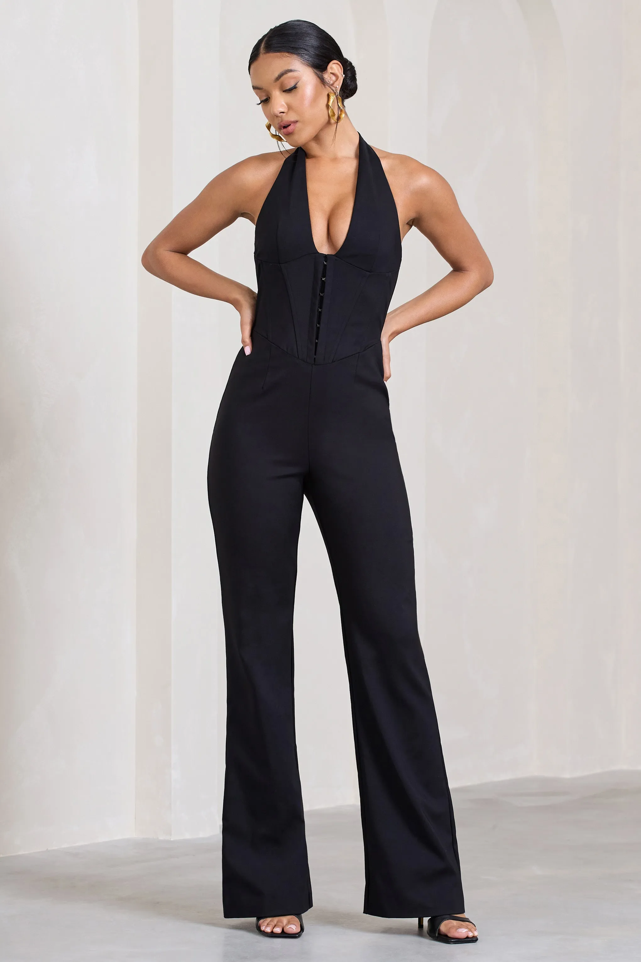 Margherita | Black Halter-Neck Corset Wide-Leg Jumpsuit sold by Club L London