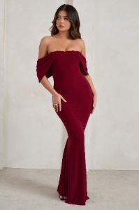 Gabrielle | Berry Red Bardot Neckline With Drape Sleeves Maxi Dress sold by Club L London