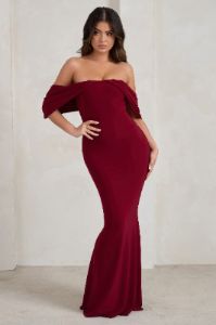 Gabrielle | Berry Red Bardot Neckline With Drape Sleeves Maxi Dress sold by Club L London