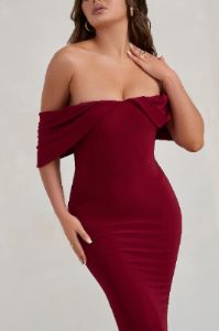 Gabrielle | Berry Red Bardot Neckline With Drape Sleeves Maxi Dress sold by Club L London