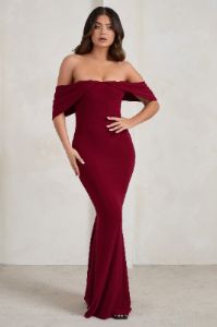 Gabrielle | Berry Red Bardot Neckline With Drape Sleeves Maxi Dress sold by Club L London