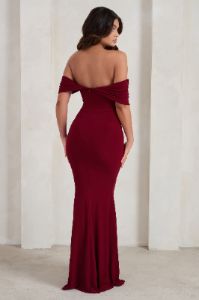 Gabrielle | Berry Red Bardot Neckline With Drape Sleeves Maxi Dress sold by Club L London
