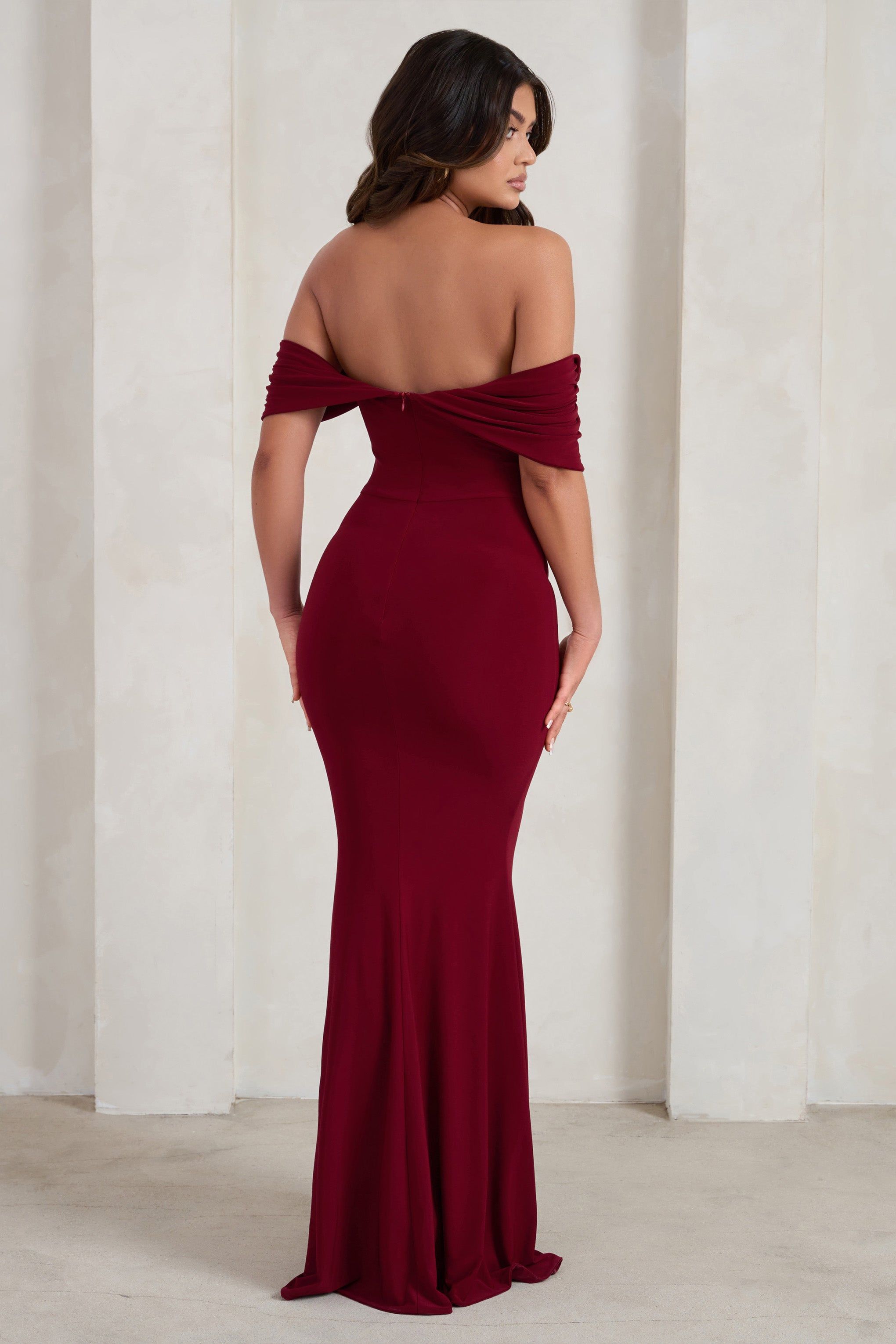 Gabrielle | Berry Red Bardot Neckline With Drape Sleeves Maxi Dress sold by Club L London product image thumbnail 2