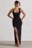 Kate | Black Square Neck Maxi Dress with Plunge Back and Side Thigh Split sold by Club L London