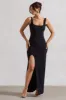 Kate | Black Square Neck Maxi Dress with Plunge Back and Side Thigh Split sold by Club L London