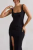 Kate | Black Square Neck Maxi Dress with Plunge Back and Side Thigh Split sold by Club L London