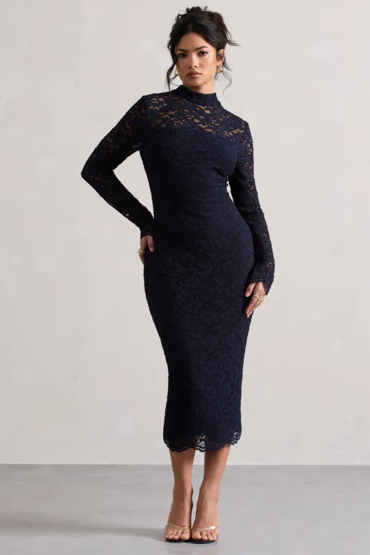 Rumour | Navy Lace High-Neck Midi Dress sold by Club L London