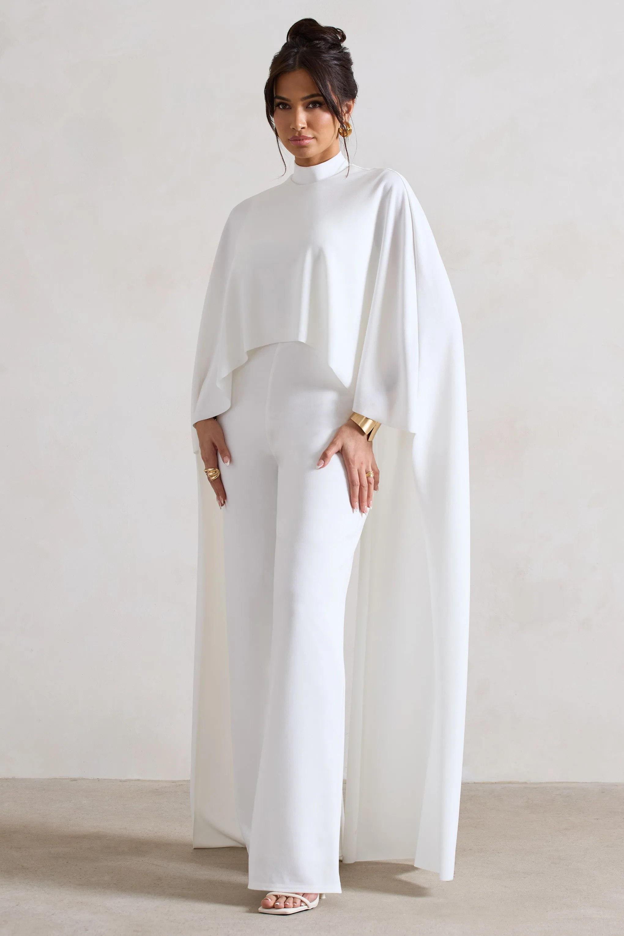 Indra | White High-Neck Wide-Leg Cape Jumpsuit sold by Club L London product image thumbnail 4