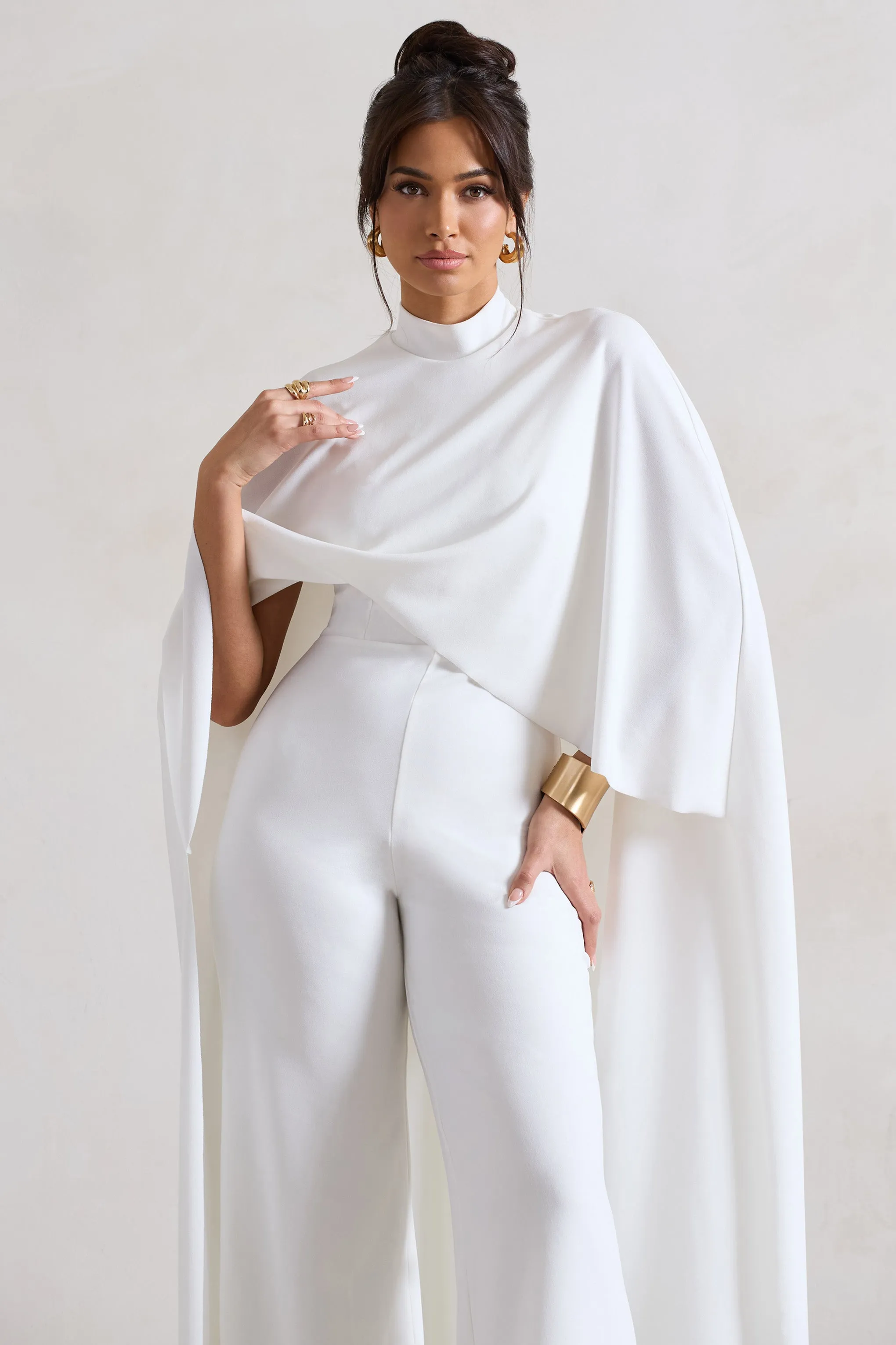 Indra | White High-Neck Wide-Leg Cape Jumpsuit sold by Club L London product image thumbnail 5