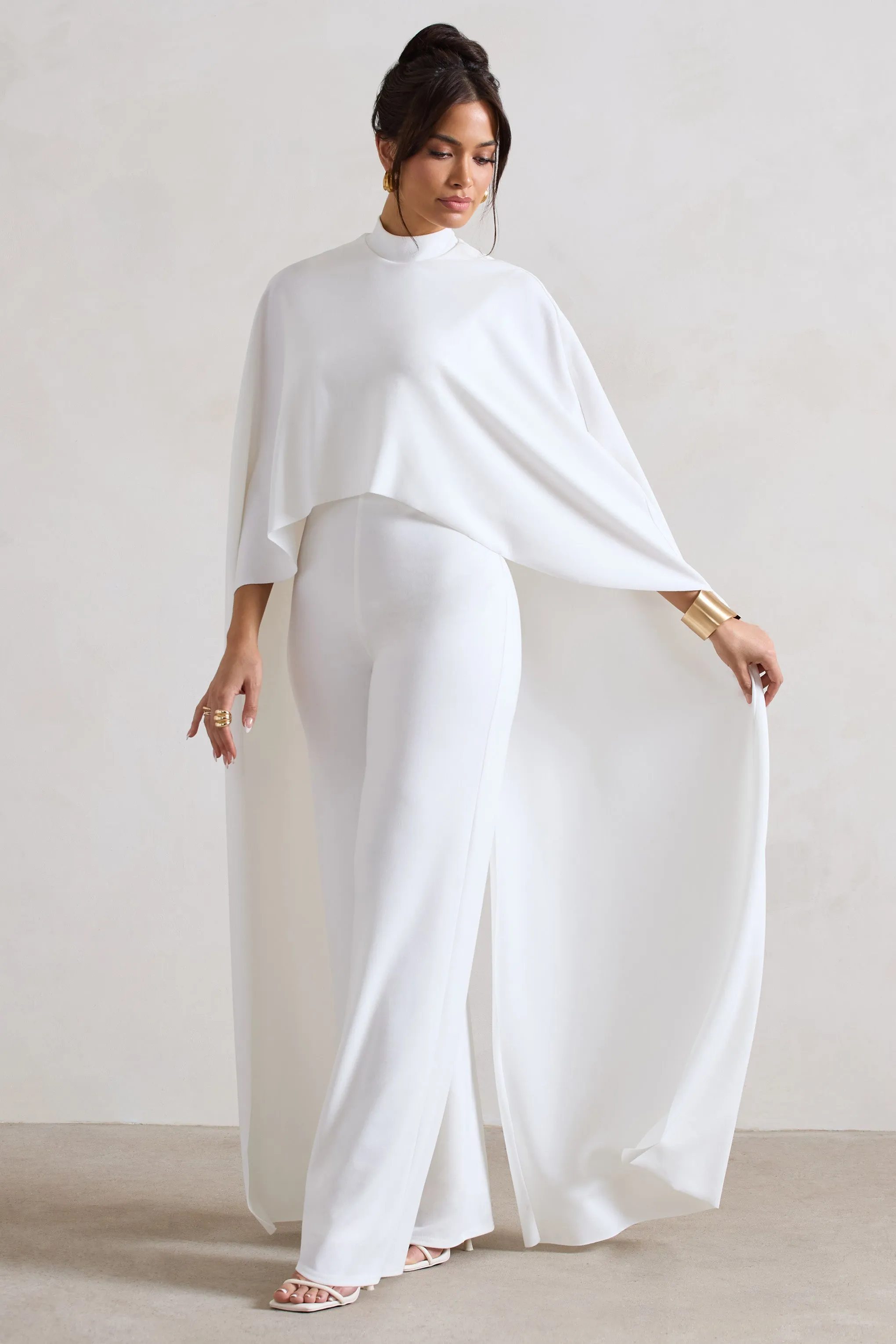 Indra | White High-Neck Wide-Leg Cape Jumpsuit sold by Club L London