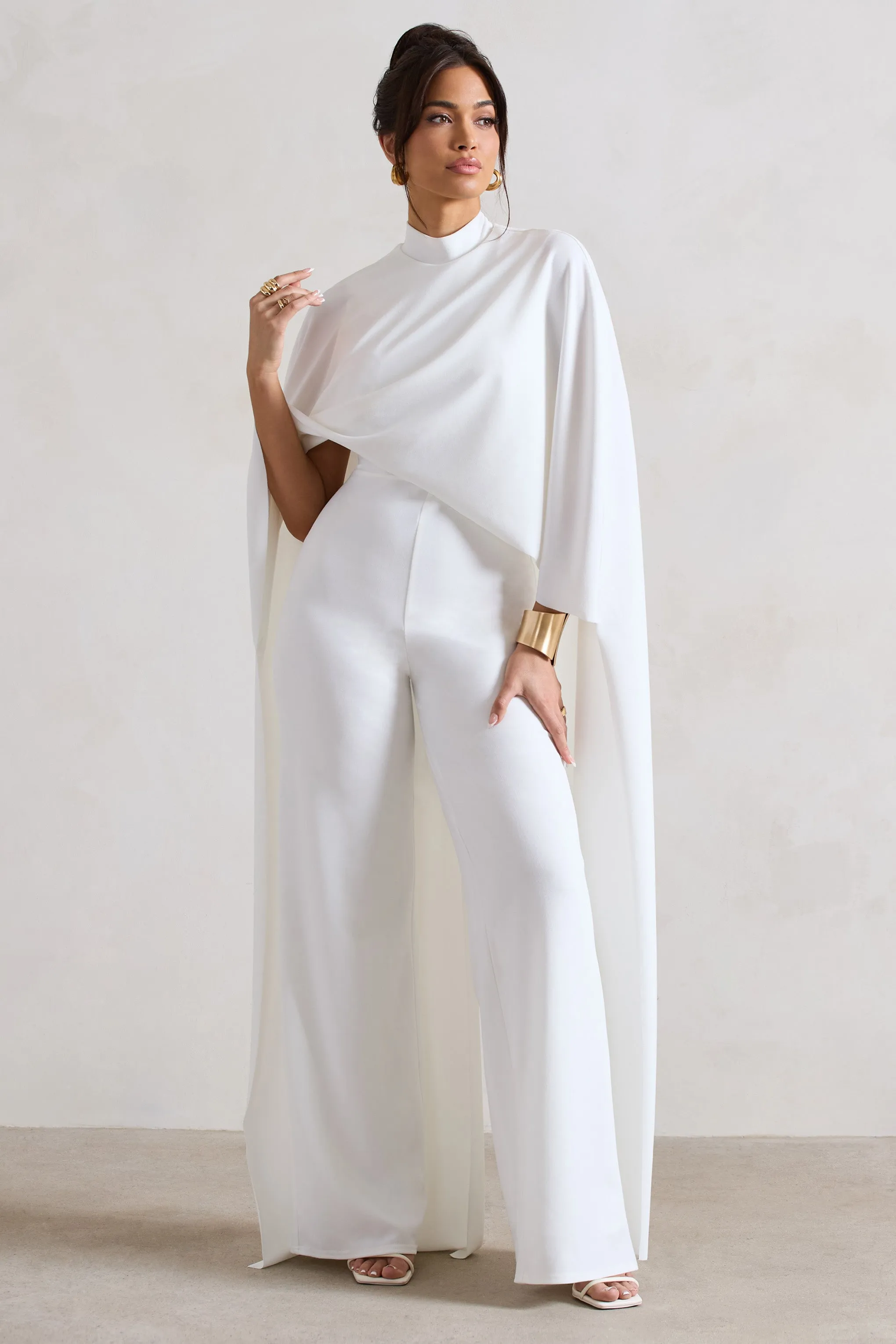Indra | White High-Neck Wide-Leg Cape Jumpsuit sold by Club L London product image thumbnail 3