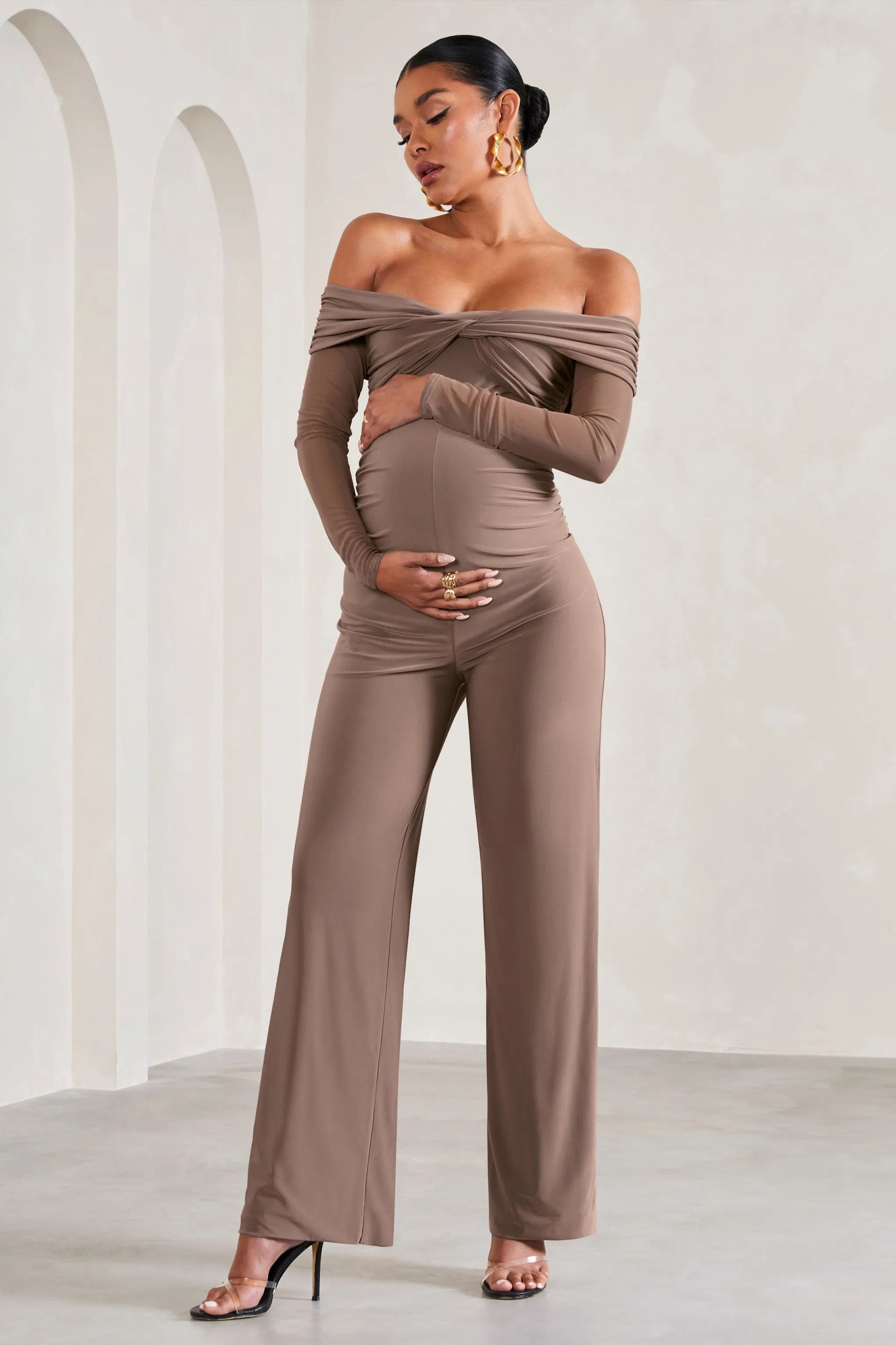 Kyla | Mocha Ruched Bardot Long-Sleeved Wide-Leg Maternity Jumpsuit sold by Club L London