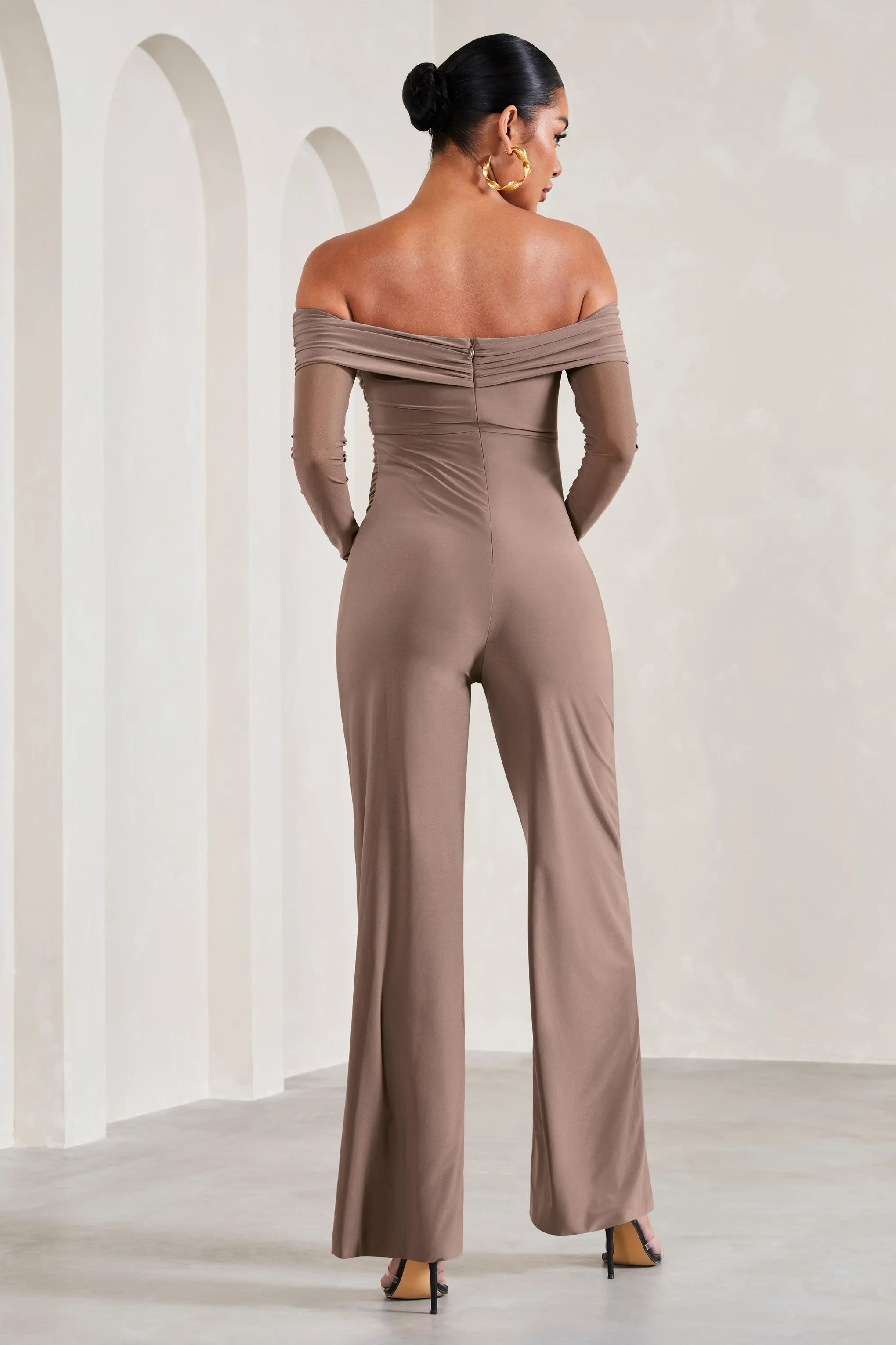 Kyla | Mocha Ruched Bardot Long-Sleeved Wide-Leg Maternity Jumpsuit sold by Club L London product image thumbnail 2
