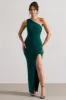 Melody | Bottle Green One Shoulder Cowl-Back Split Maxi Dress sold by Club L London