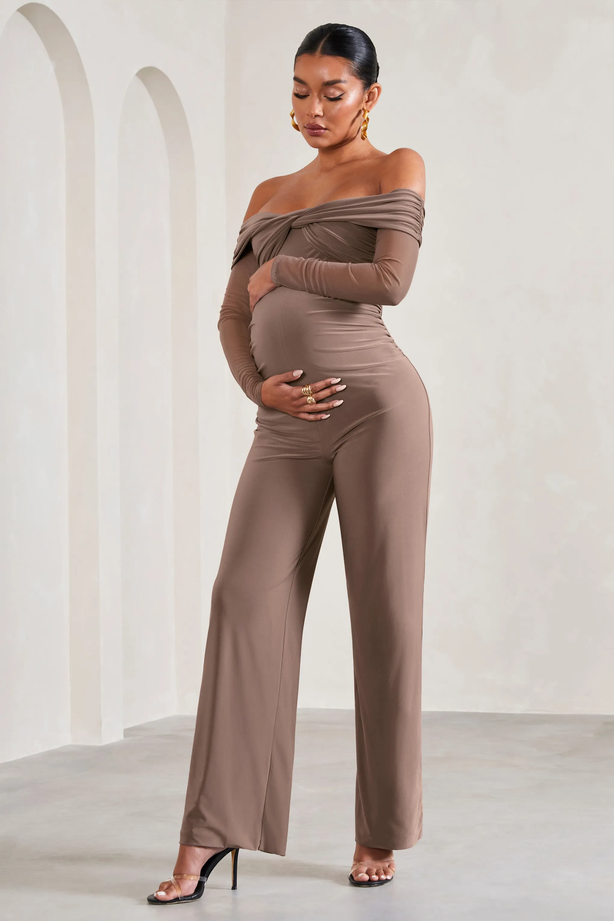 Kyla | Mocha Ruched Bardot Long-Sleeved Wide-Leg Maternity Jumpsuit sold by Club L London product image thumbnail 5