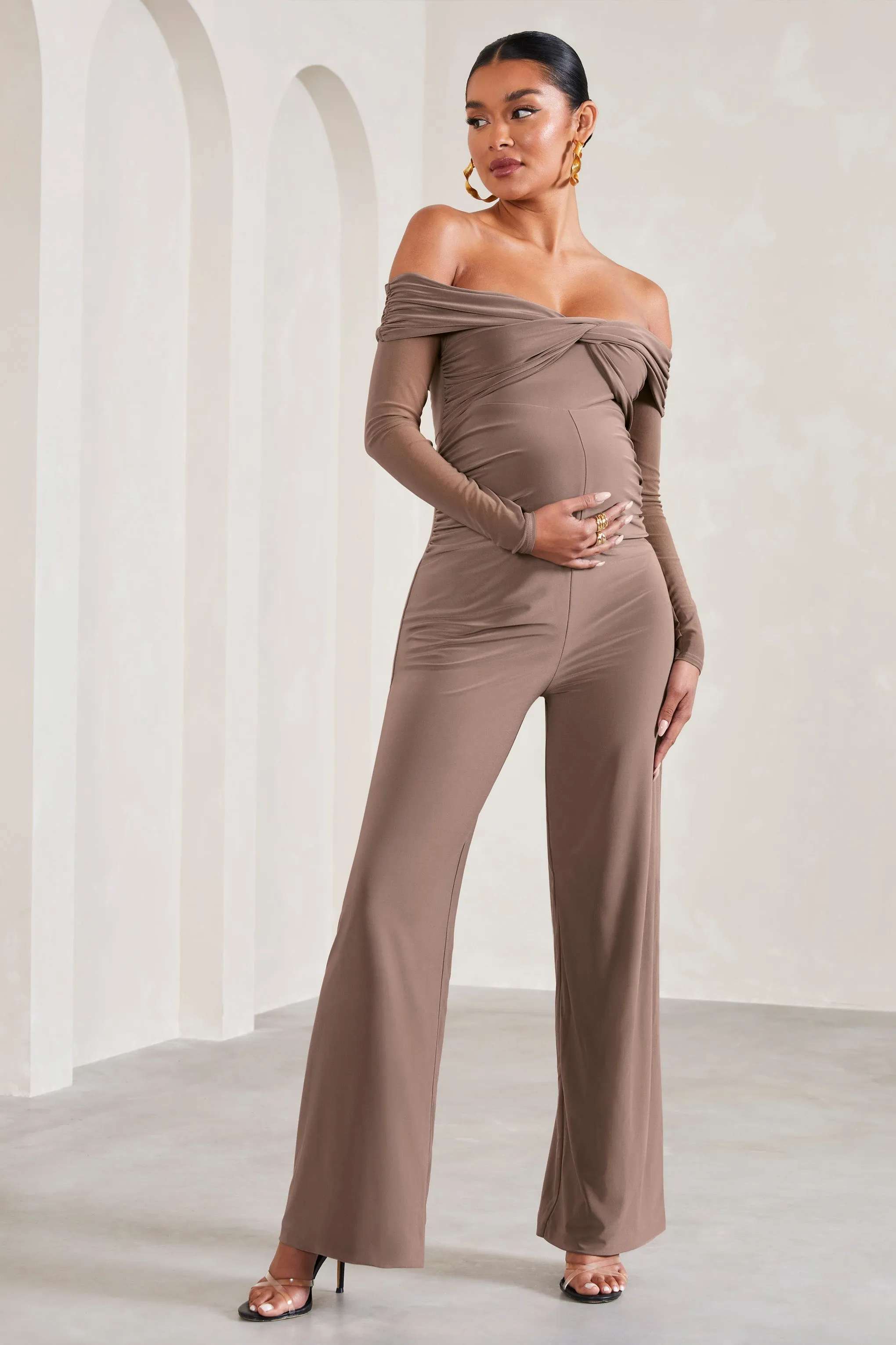 Kyla | Mocha Ruched Bardot Long-Sleeved Wide-Leg Maternity Jumpsuit sold by Club L London product image thumbnail 4