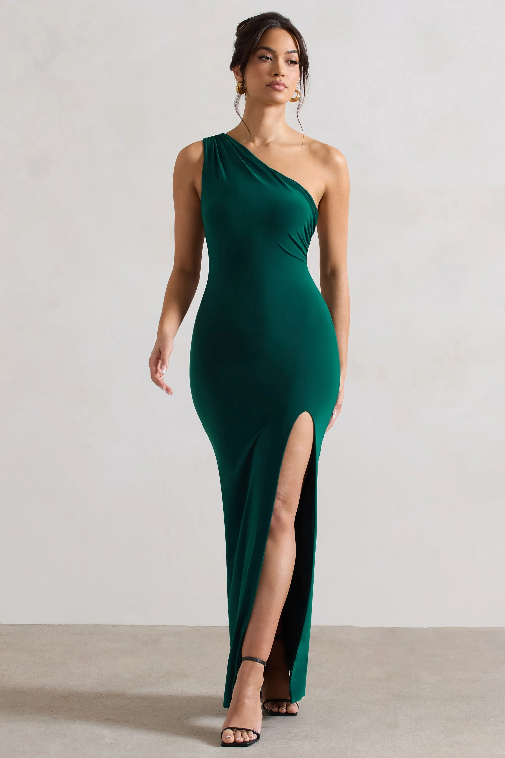 Melody | Bottle Green One Shoulder Cowl-Back Split Maxi Dress sold by Club L London product image thumbnail 4
