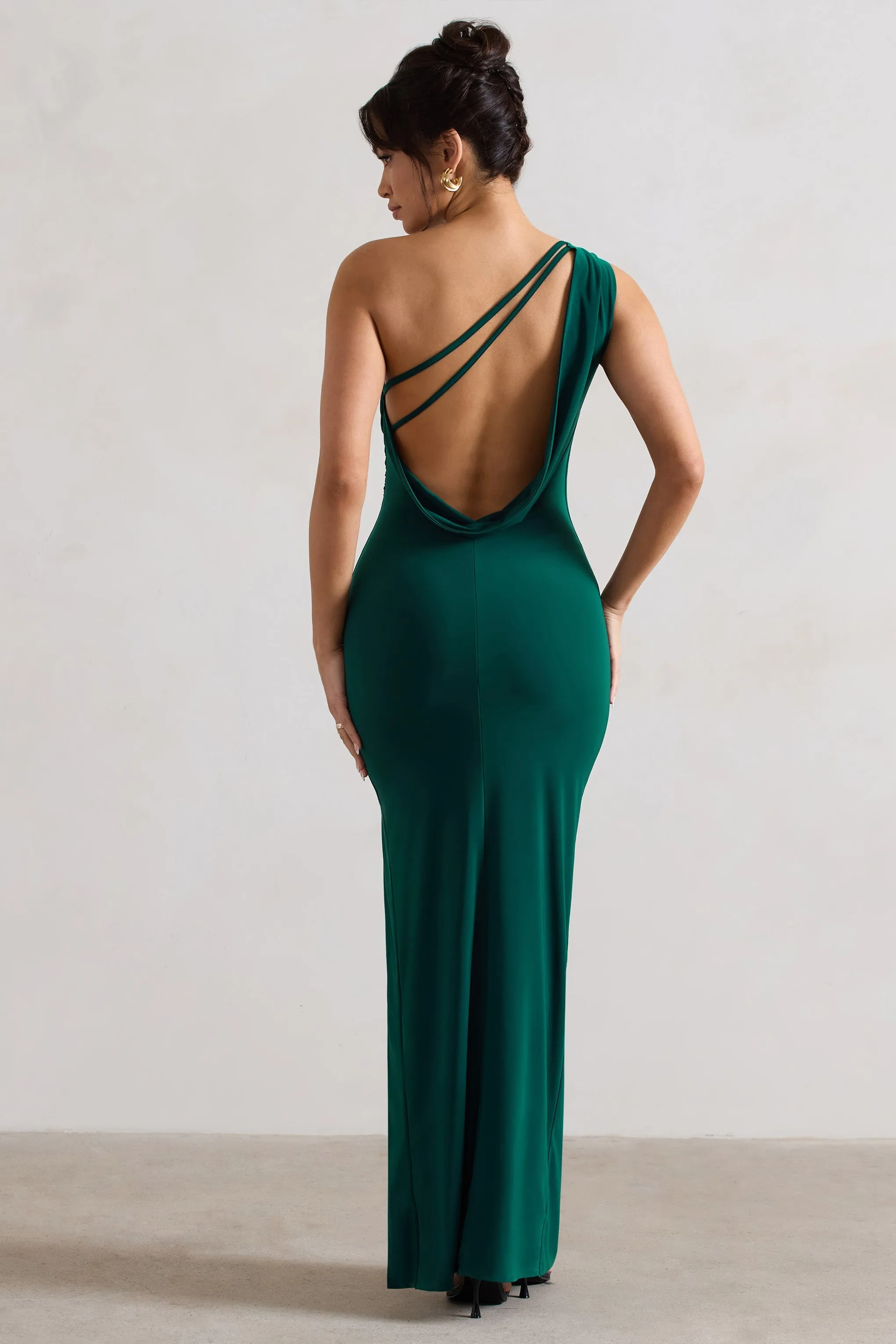 Melody | Bottle Green One Shoulder Cowl-Back Split Maxi Dress sold by Club L London product image thumbnail 2