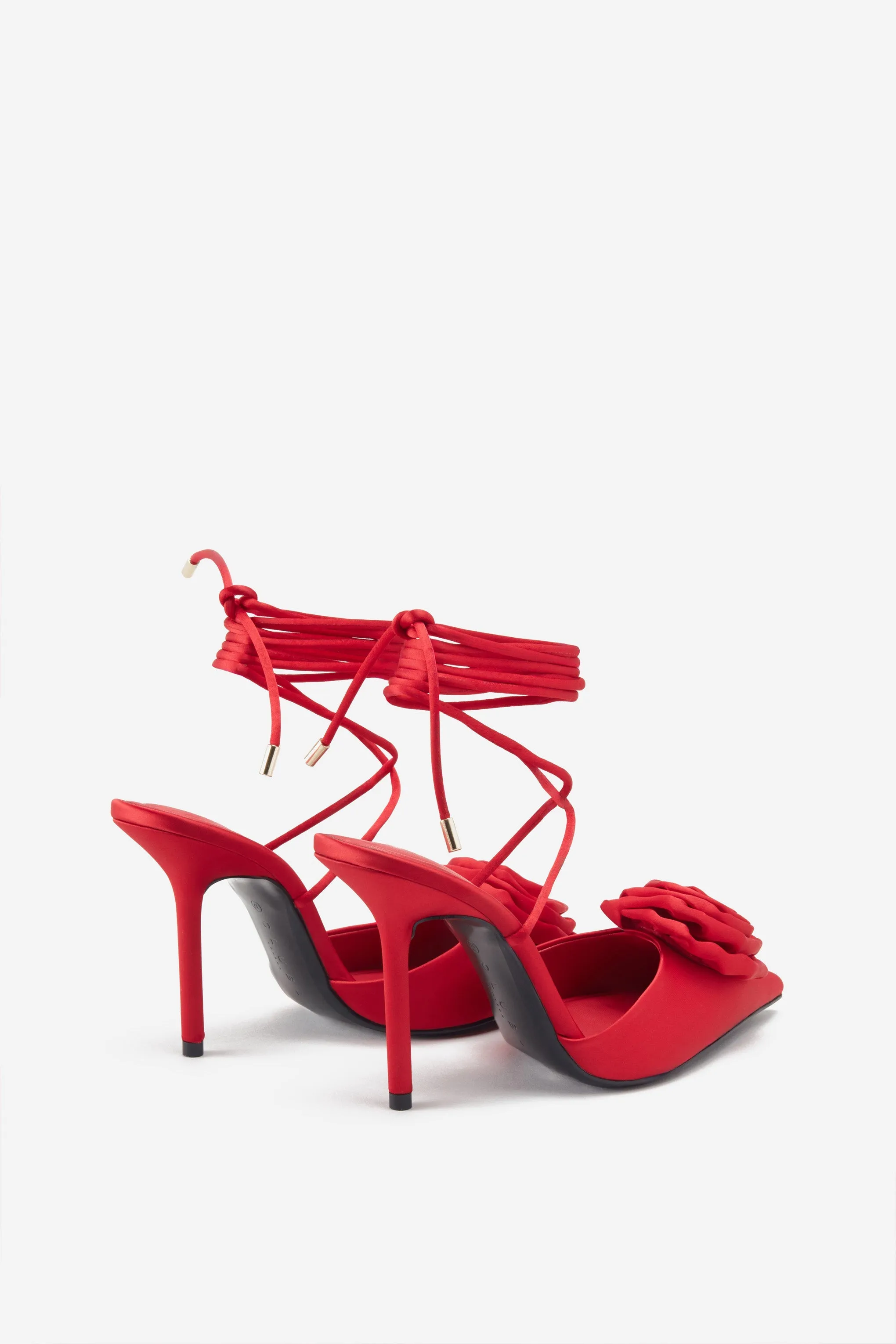 Clearly | Red Satin Lace-Up Stiletto Heels With Flowers sold by Club L London product image thumbnail 3