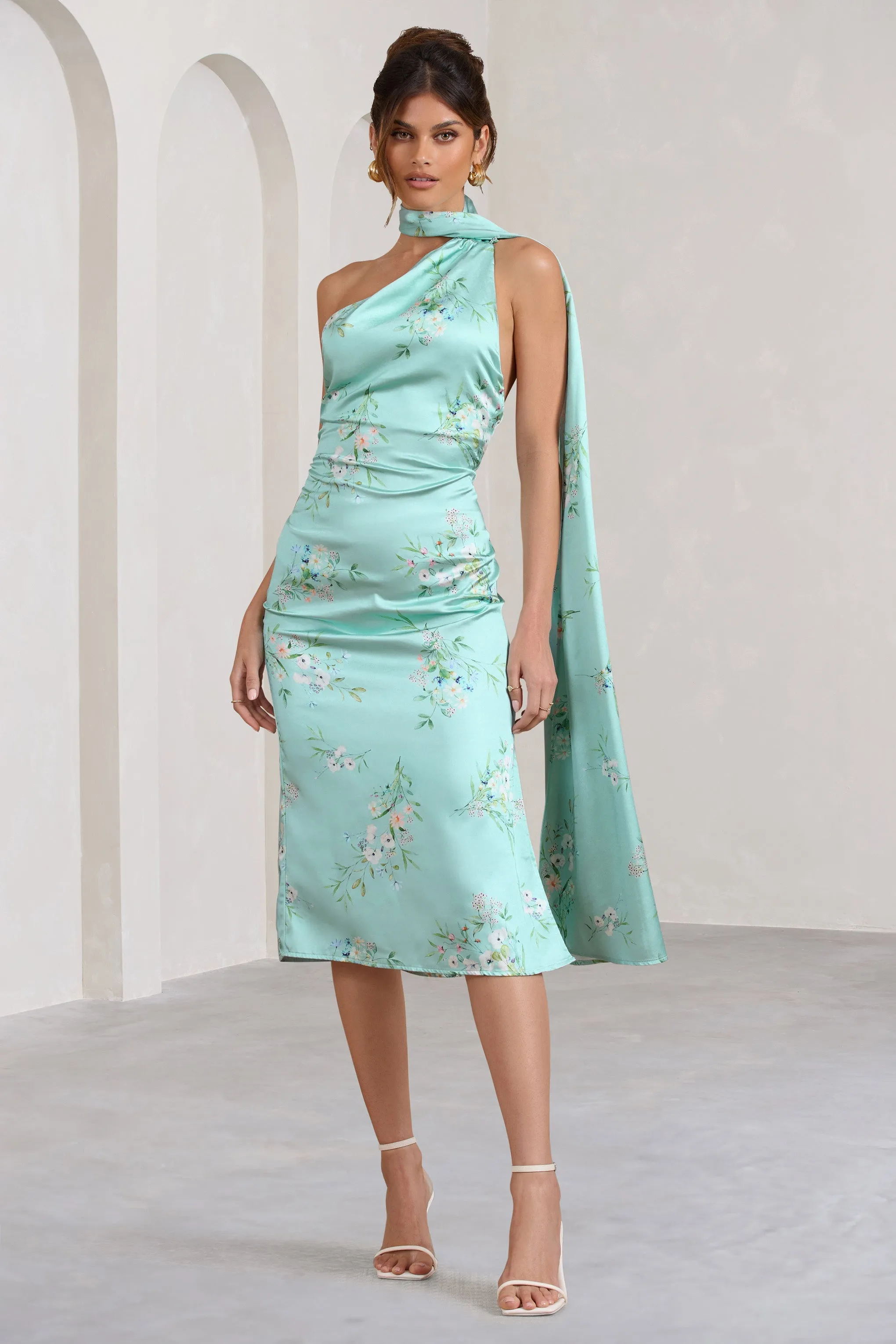Madame | Mint Green Floral Print Satin Asymmetric Scarf Neck Backless Midi Dress sold by Club L London product image thumbnail 2