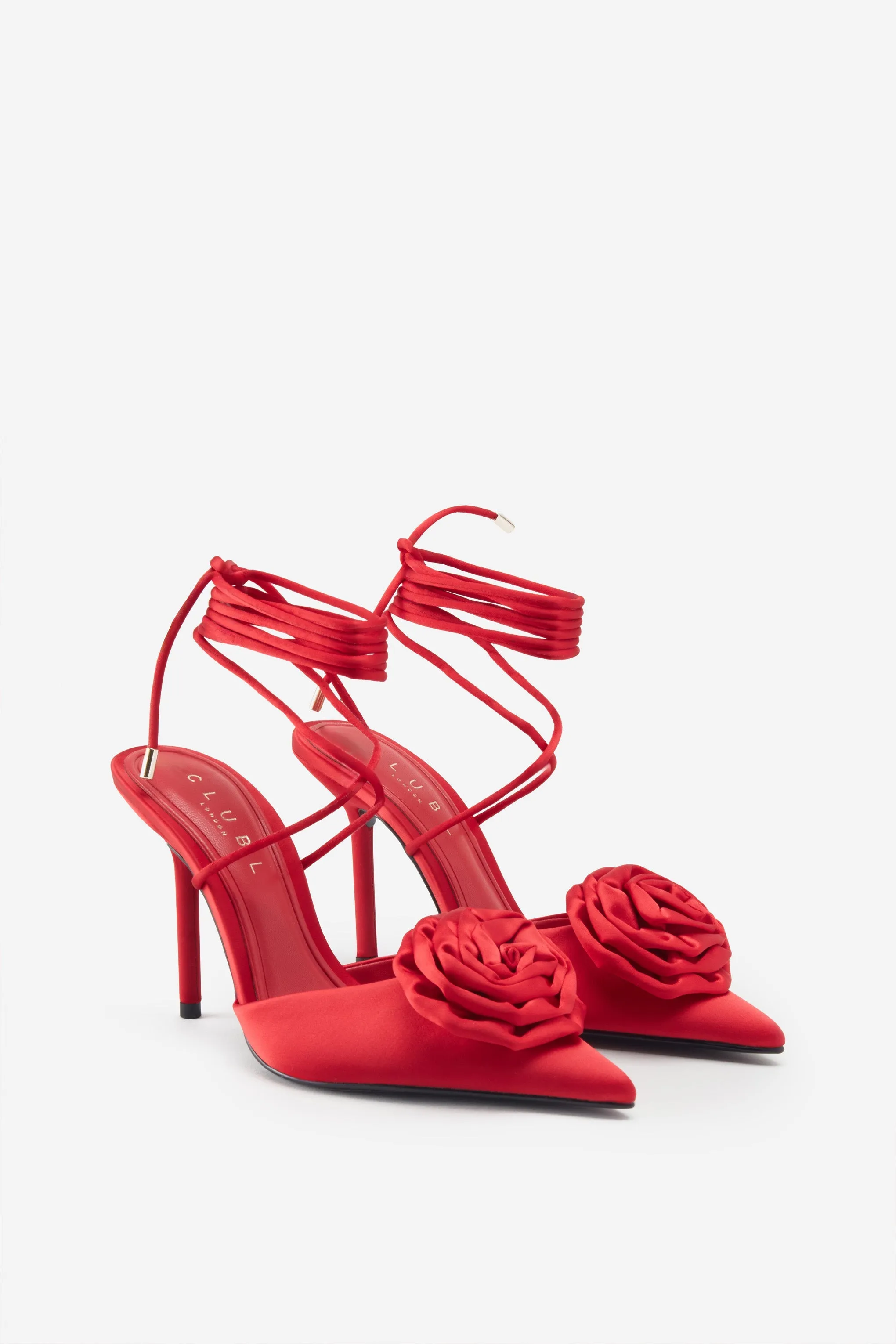Clearly | Red Satin Lace-Up Stiletto Heels With Flowers sold by Club L London product image thumbnail 2