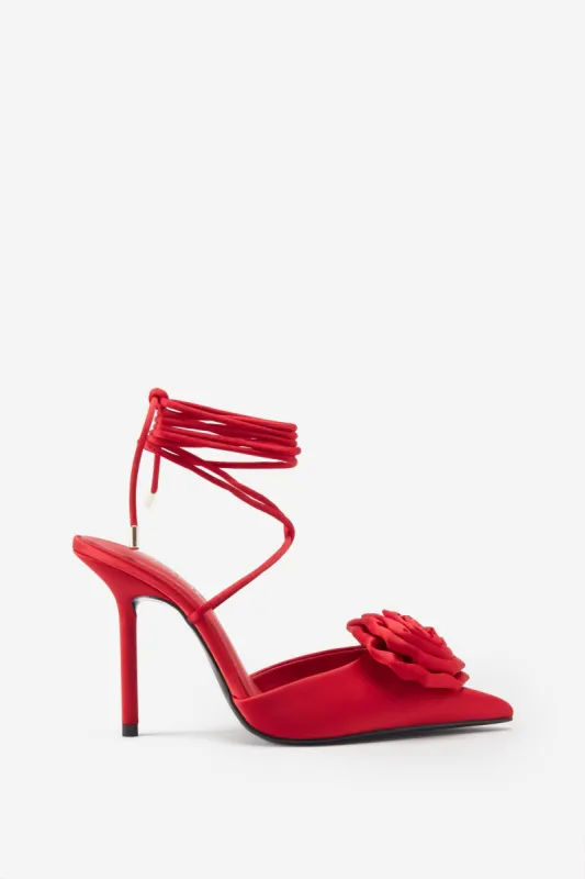 Clearly | Red Satin Lace-Up Stiletto Heels With Flowers sold by Club L London
