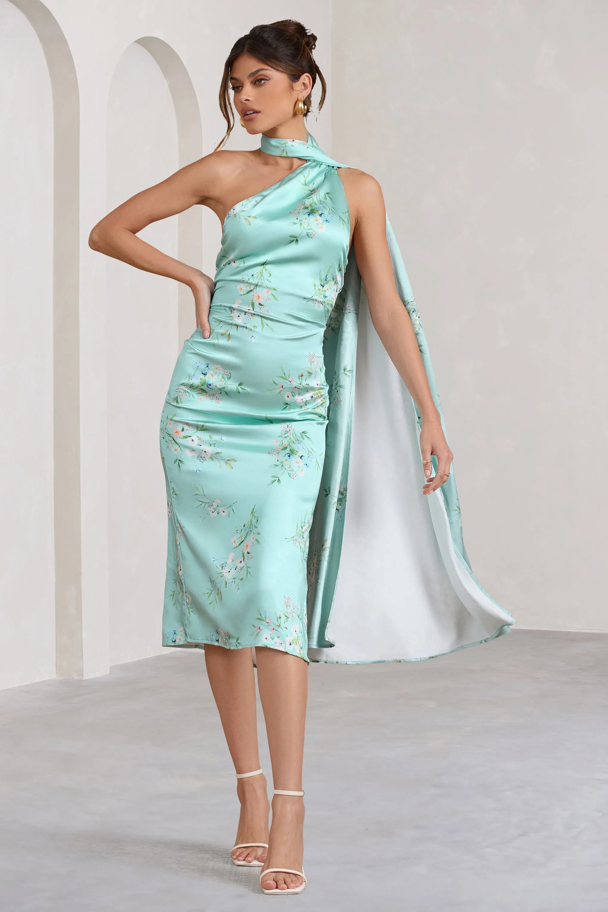 Madame | Mint Green Floral Print Satin Asymmetric Scarf Neck Backless Midi Dress sold by Club L London product image thumbnail 4