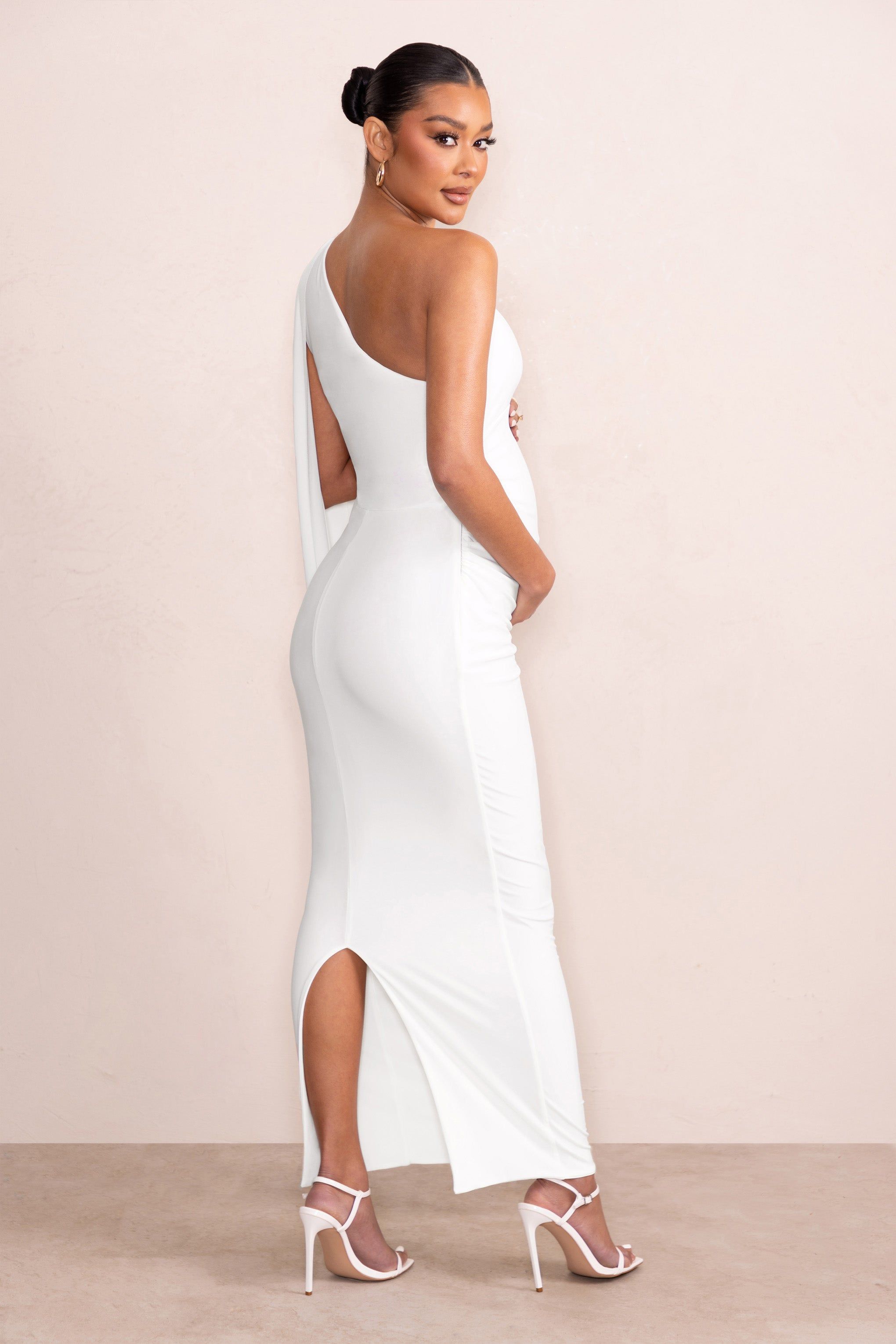 Amaryllis | White Maternity One Shoulder Maxi Dress with Cape Sleeve sold by Club L London product image thumbnail 2