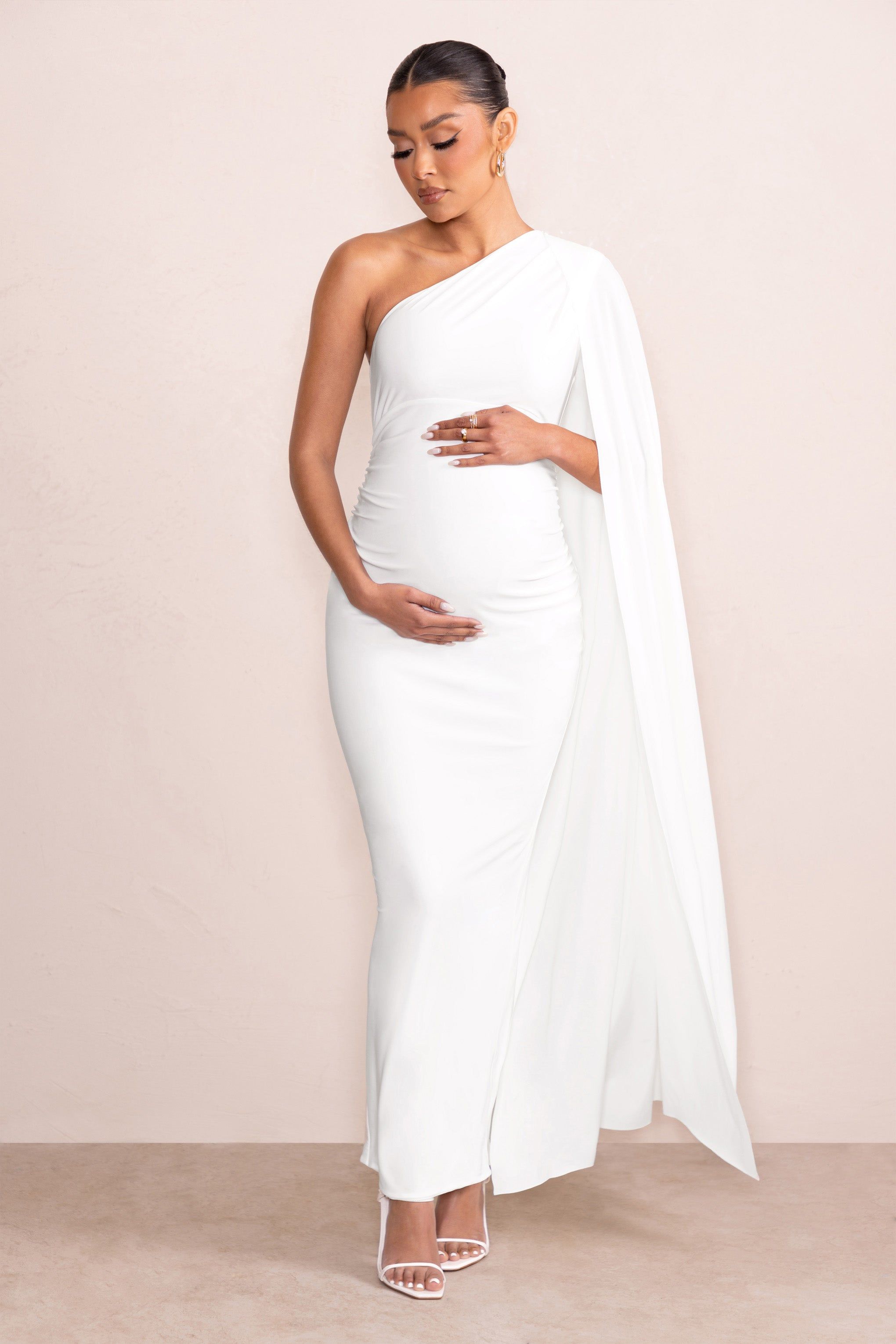 Amaryllis | White Maternity One Shoulder Maxi Dress with Cape Sleeve sold by Club L London product image thumbnail 5
